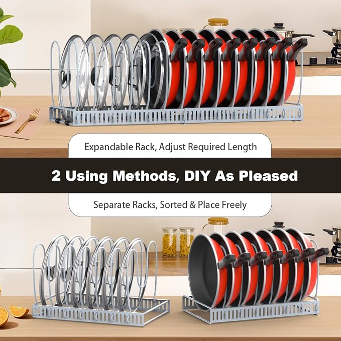 Housolution Pot and Pan Lid Organizer Holder Storage Rack, Grey | 12"-23" Expandable, 14 Adjustable Dividers, Sturdy Metal Construction, Easy Assembly