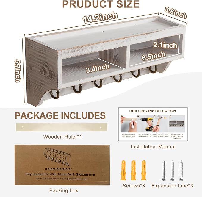 Key Holder Wall Mount with Mail Organizer, 6 Hooks & Shelf, White | Wood Key Holder Wall Mount with 6 Key Hooks, Shelf & Storage Box and Mail Organizer for Entryway, Apartment, Home and Office