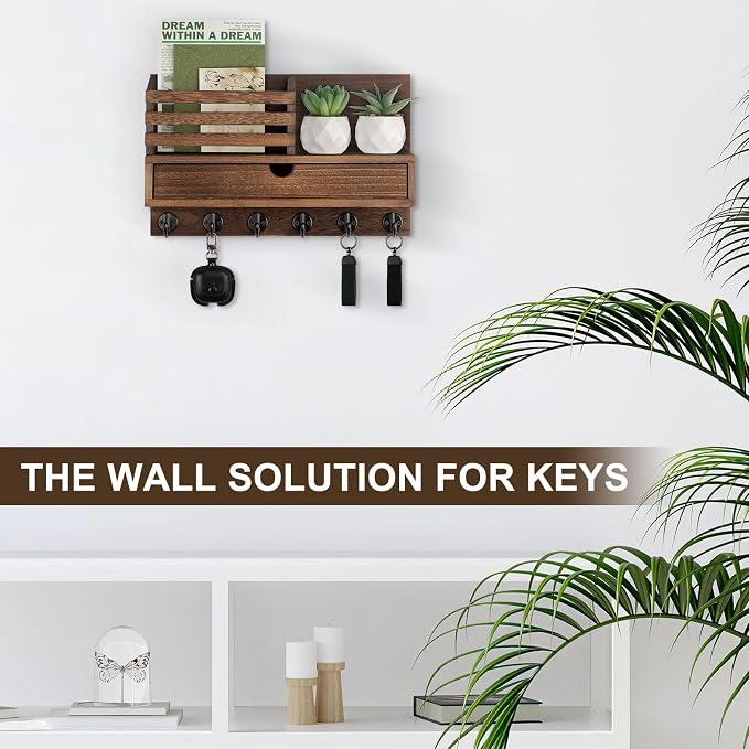Key Holder Wall Mount, Mail Holder with Storage Drawer and 6 Key Hooks for Coat, Dog Leash, Home Decor Rack, House Accessories, Entry Way Organizer