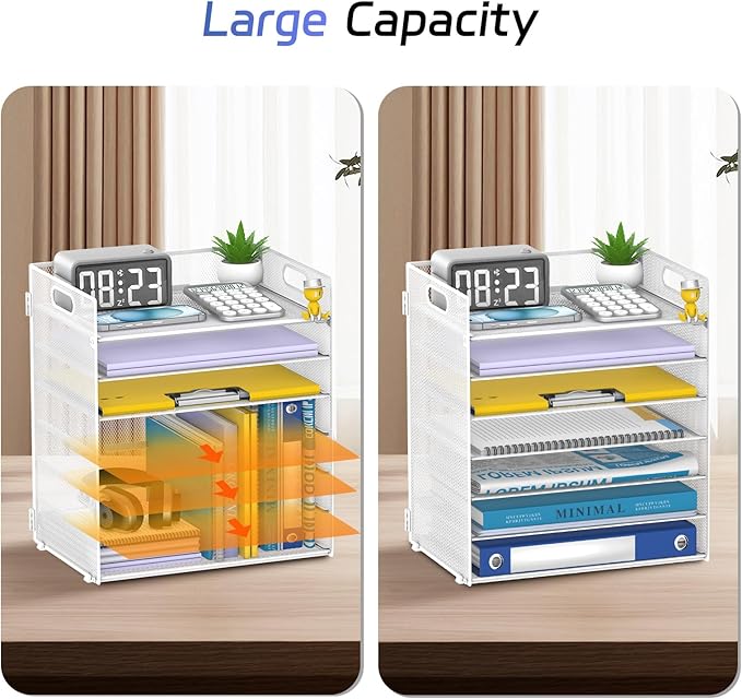 7 Tier Paper Organizer for Desk with Letter Trays & Handle White | Black Desk File Organizer with Handle for Sorting Papers, Files, Folders, Mail, Bills and Office Supplies