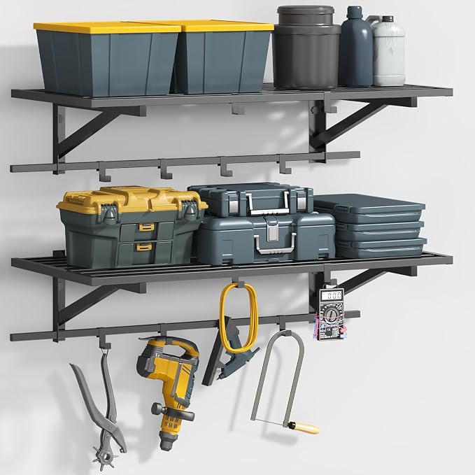 2-Pack 2x4ft Garage Shelving Wall Mounted, 500LBS with 12 Hooks | Garage Storage Shelves, Floating Design, Heavy Duty, Large Capacity, Sturdy Construction, Space Saving, Easy Install