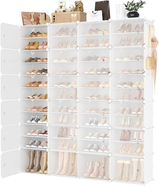 Portable Shoe Rack Organizer with Door, 96 Pairs Shoe Storage Cabinet Easy Assembly, Plastic Adjustable Shoe Storage Organizer Stackable Detachable Free Standing DIY Expandable 12 Tier White