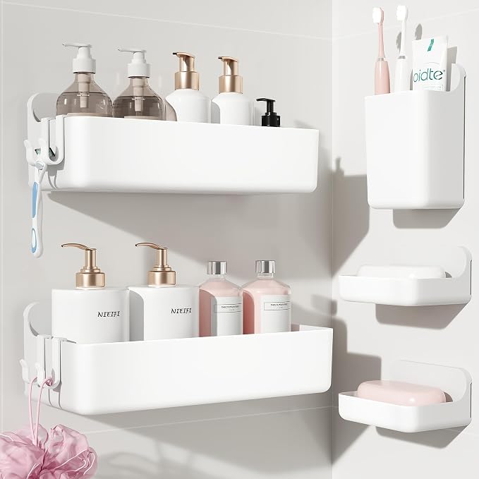 Nieifi Adhesive Shower Shelves, White, 5 Pieces | Rustproof ABS, Large Capacity, Removable Design, Easy-Clean, No Drilling Shower Organizer for Bathroom Storage & Home Decor