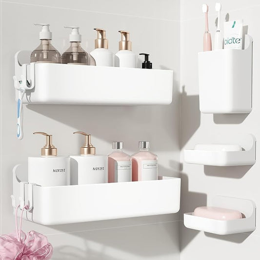 Nieifi Adhesive Shower Shelves, White, 5 Pieces | Rustproof ABS, Large Capacity, Removable Design, Easy-Clean, No Drilling Shower Organizer for Bathroom Storage & Home Decor