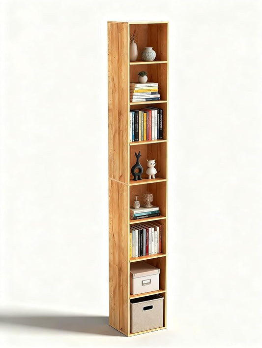 8-Cube Storage Organizer Bookcase, Oak Tall Narrow Bookshelf, Freestanding Open Cubby Storage Shelf, Display Cabinet for Living Room Bedroom Home Office