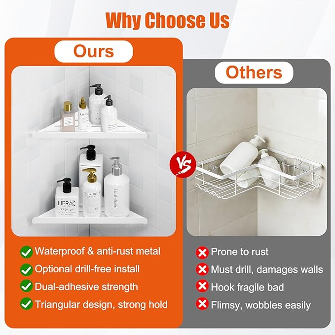 Fikoksol Shower Caddy Storage, Triangle Corner Shelf with Adhesive Glue | Metal Bathroom Shelf Storage, Adhesive or Screw Wall Mounted Corner Shower Rack, White Rustproof Bath Organizer Accessory
