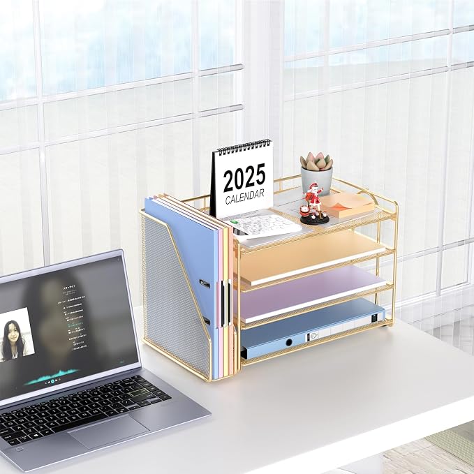gianotter 4-Tier Paper Organizer With Magazine Holder, Desk Organizers and Accessories, Desk Accessories & Workspace Organizers, File Organizer for Office Supplies Storag (Gold, 4-Tier)