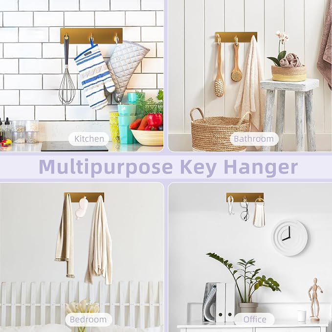 VIS'V Key Holder Wall Mount, Small Adhesive Key Hanger with 3 Hooks, Gold | Metal Material, No Drilling, Extra Adhesive Strip, Suitable for Entryway, Hallway, Doorway, Kitchen, Garage, Camper