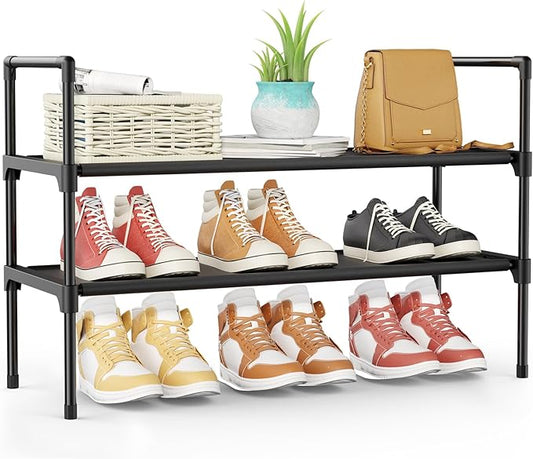 Kitsure Shoe Rack for Closet, Shoe Organizer, 27.6" Wide - 2 Tier, Black | Shoe Storage for Closet, Entryway, Easy- Assembly& Space-Saving Shoe Shelf with Side Handle, Closet Organizer