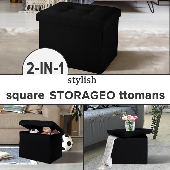 LINMAGCO Small Storage Ottoman Stool Foot Rest Stool Under Desk Stool Short Folding Ottoman Linen Cloth Black 17X13X13IN