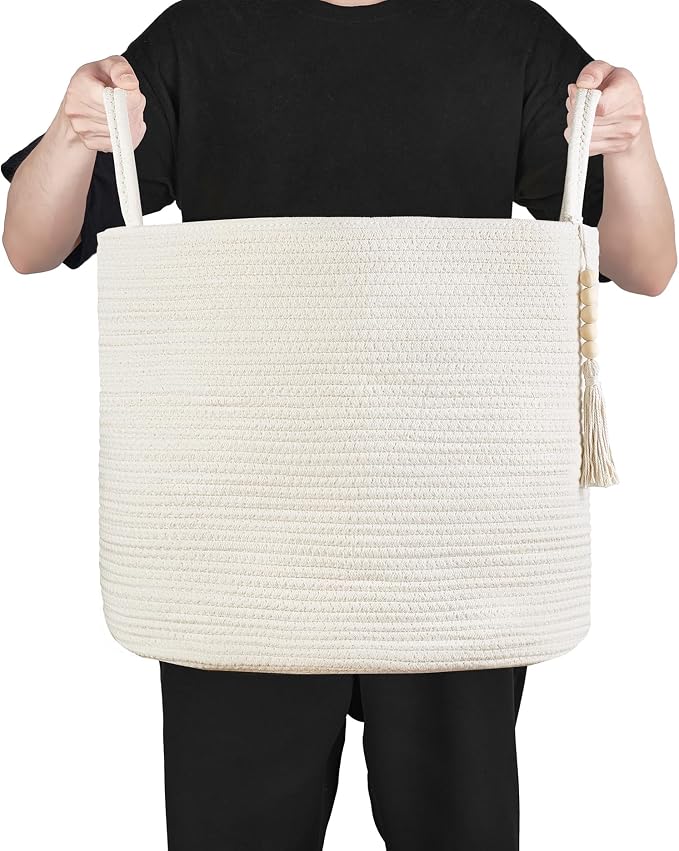 Mkono Woven Storage Basket Decorative Natural Rope Basket Wooden Bead Decoration for Blankets,Toys,Clothes,Shoes,Plant Organizer Bin with Handles Living Room Home Decor, White, 16" W × 13.8"L | White, Cotton, Decorative Basket with Handle, Wood Beads T...