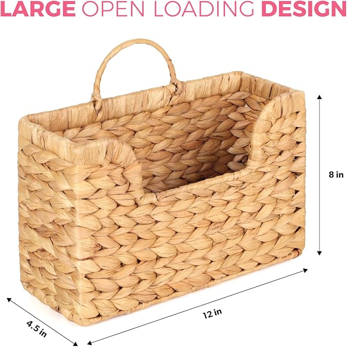 Handwoven Water Hyacinth Wall Magazine Holder - Natural Hanging Organizer for Mail, Newspapers & Magazines, Books & Files - Decorative Boho Storage Basket for Entryway, Bathroom, Living Room, Office.