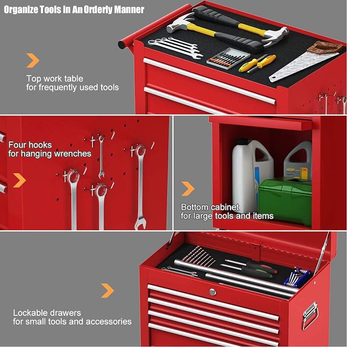 Goplus Tool Chest, 6 Drawers Rolling Tool Cabinet with Detachable Top Toolbox, Universal Lockable Wheels, Protective Liner, Auto Lock, Metal Tool Storage Cart, Tool Box for Garage Workshop
