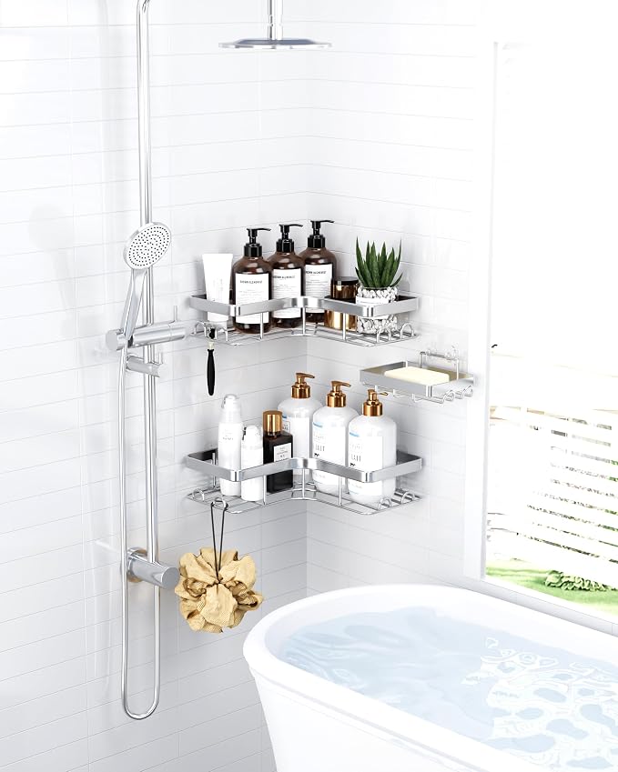 Sakugi Corner Shower Caddy - 3-Pack Shower Organizer with Soap Holder & Built-In Hooks, Rustproof Metal Shower Shelves, Laundry, Kitchen, Bathroom Organizers and Storage Solution, Large, Silver