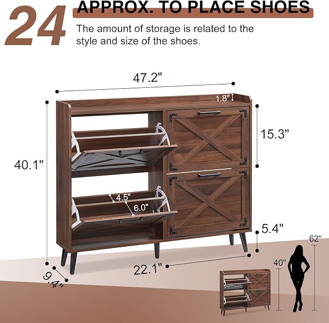 Barnyatoh Farmhouse Shoe Storage Cabinet,Shoe Organizer with 4 Flip Drawers | Freestanding Hidden Slim Narrow Shoe Rack Cabinet,Barn Door Design, Wood Shoes Organizer for Entryway,Foyer,Hallway,Walnut
