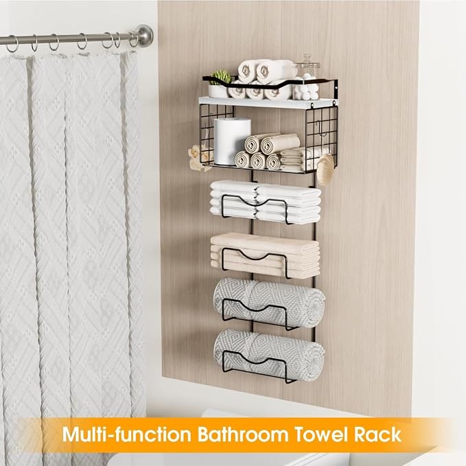 Towel Racks for Bathroom,Towel Rack Wall Mounted, 6 Tier Rolled Or Folded Towel Holder with Floating Shelves, Bathroom Towel Holder for Bath, Hand Towels,Metal,White Wood Panel