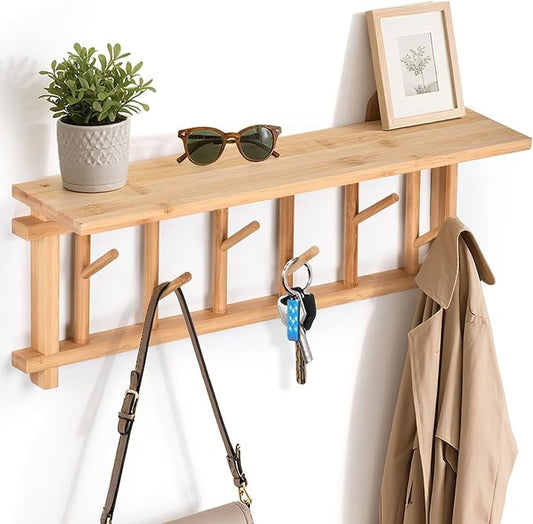 Key Holder for Wall with Shelf and 6 Rotating Key Hooks Bamboo | Key Hanger Wall-mounted with shelf decorative Coat Rack organizer for Rustic Entrances Hallway Living room Bedroom Kitchen