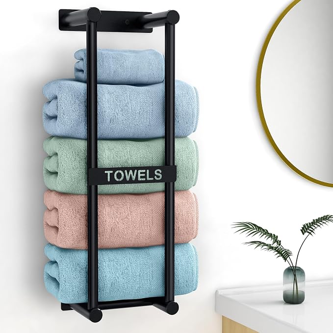 STWWO Bathroom Towel Rack Wall Mounted Can Holds 4 Large Towels, Black | Towel Storage for Small Bathroom, Wall Towel Rack for Rolled Towels Folded Bath Towels, 22inch