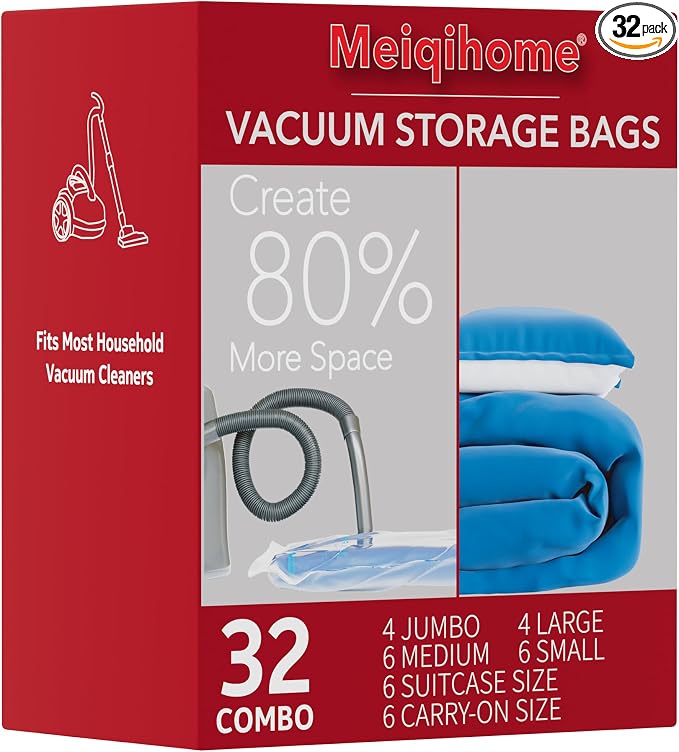 MEIQIHOME Vacuum Storage Bags, Space Saver Sealer Bags,Vacuum seal bags for clothing, Pillows, Comforters, Blankets, Bedding,Travel,32 COMBO