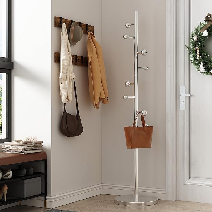 Coat Rack Freestanding Coat Tree with 8 Hooks Coat Rack Stand,Silver | Heavy Duty Metal Coat Hanger Stand for Jacket Hat Clothes Bag Stainless Steel Hall Tree Hat Rack for Entryway Bedroom Hallway