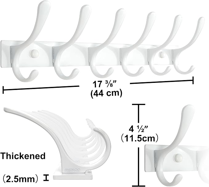 SKOLOO Heavy Duty Wall Mounted Coat Rack - 6 Hooks, Stainless Steel, Sturdy Coat Hooks for Hanging Clothes, Jacket, Hat, White