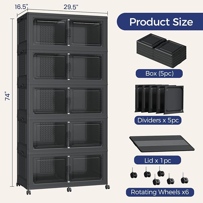 200GAL Extra Large Storage Bins with Lid, 800Qt Stackable Closet Organizers and Drawers, Collapsible Storage Bins with Wheels, Folding Containers for Home, Kitchen Office, 5Pack Black