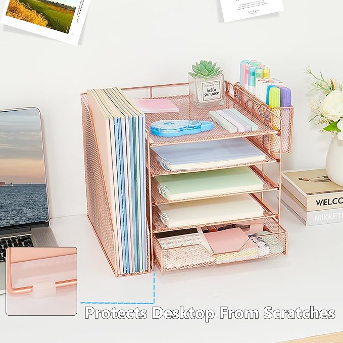 Desk Organizers and Accessories, 5-Tier Paper Letter Tray Organizer with File Holder, Drawer & Pen Holder, Office Desk Accessories, Desktop Organizer for Classroom Office Supplies, Rose Gold