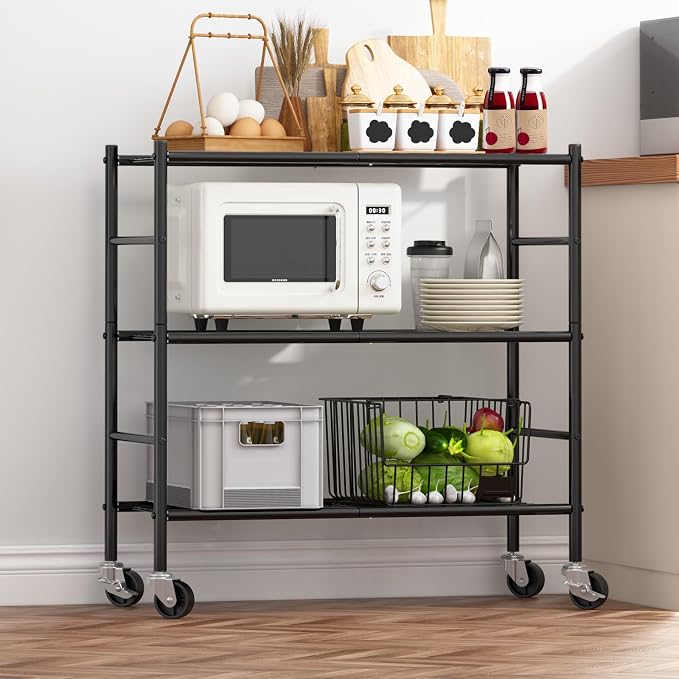Sakugi 3-Tier Storage Shelves 33.1" x12.6" x32.5" Black with Wheels | Kitchen, Closet, Pantry, Garage, Heavy Duty, Adjustable Feet, Metal Construction