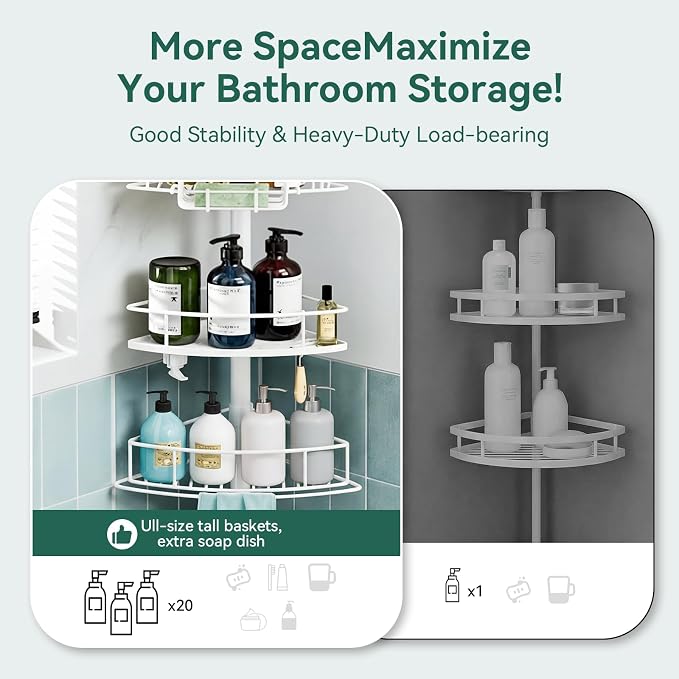 Corner Shower Caddy Tension Pole, 4 Tier Rustproof Shower Tension Rod Organizer, Adjustable 25-125 Inch Bathroom Shower Organizer Shelves for Bathtub Shampoo Storage, White