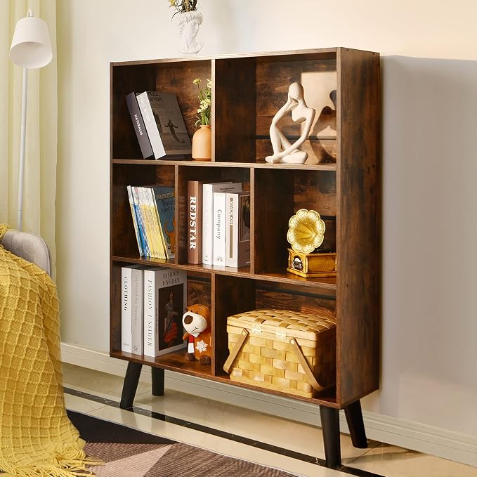 LEYAOYAO Cube Bookshelf, Mid-Century Modern Book Shelf with Legs, Brown | 3 Tier Bookcase, Rustic Wood Bookshelves, Freestanding Small Storage Organizer, Open Shelves for Bedroom, Living Room, Office