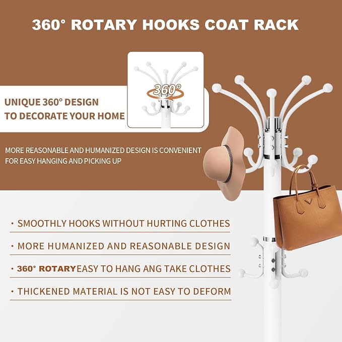Coat Rack Stand 360°Rotary Coat Rack Freestanding with 16 Hooks | Modern Metal Coat Rack with Natural Marble Base,Coat Hanger Stand, White Coat Hall Clothes Tree for Hallway,Entryway,Office