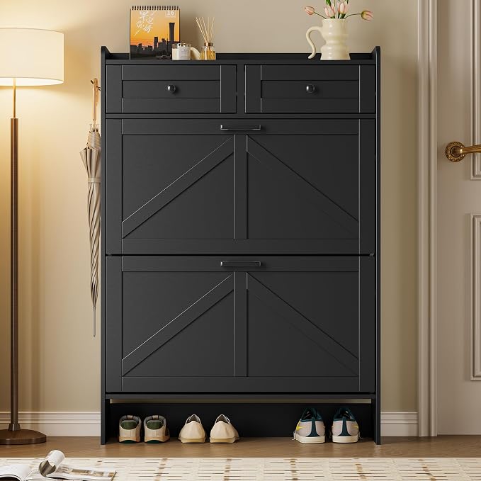 BORNOON Shoe Storage Cabinet for Entryway, Farmhouse Narrow Shoe Cabinet with 2 Flip Drawers & Top Drawers, Adjustable Shelves & Hooks, Freestanding Hidden Rack Organizer for Hallway, Foyer