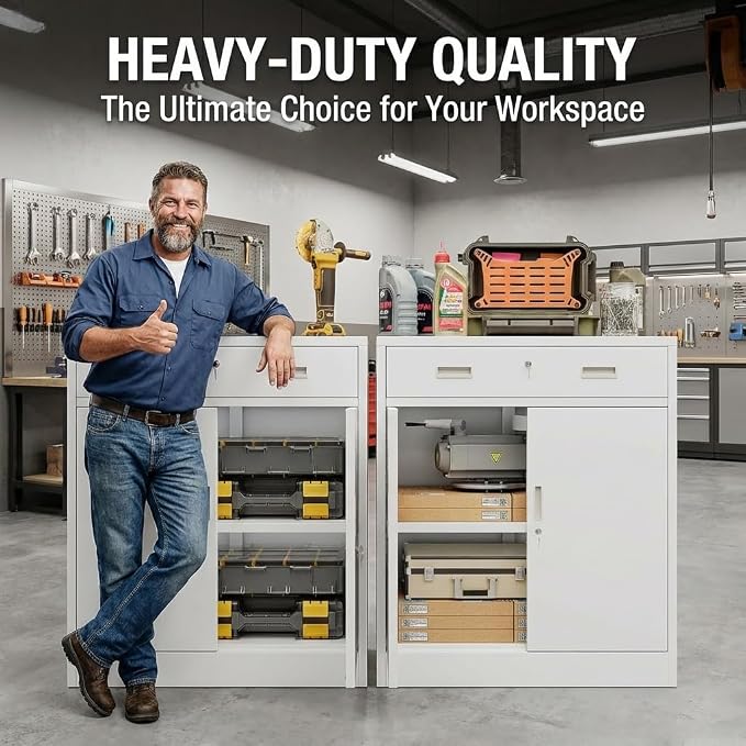 CJF Metal Storage Cabinet, Locking Storage Cabinet with 1 Drawer and Adjustable Shelf, 36" H x 28" W x 16" D White Metal Cabinets for Office, Home, Garage