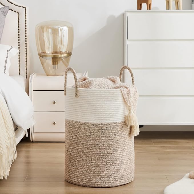 YOUDENOVA Cotton Rope Laundry Hamper Basket, 72L Blanket Basket for Bedroom | Large Woven Laundry Hamper with Sturdy Handles, Collapsible Home Decor Laundry Basket for Laundry, Clothes, Toys in Bedroom