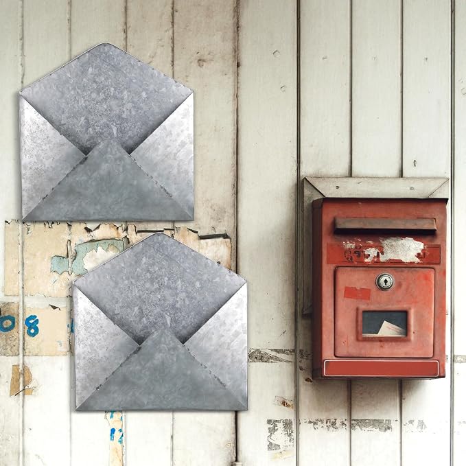 Yaocom 2 Pcs Galvanized Metal Envelope, Wall Mail Organizer Holder Mounted Rustic Wall Holder Farmhouse Pocket for Storage Mail Postcards Letters Bills Home and Office Decor