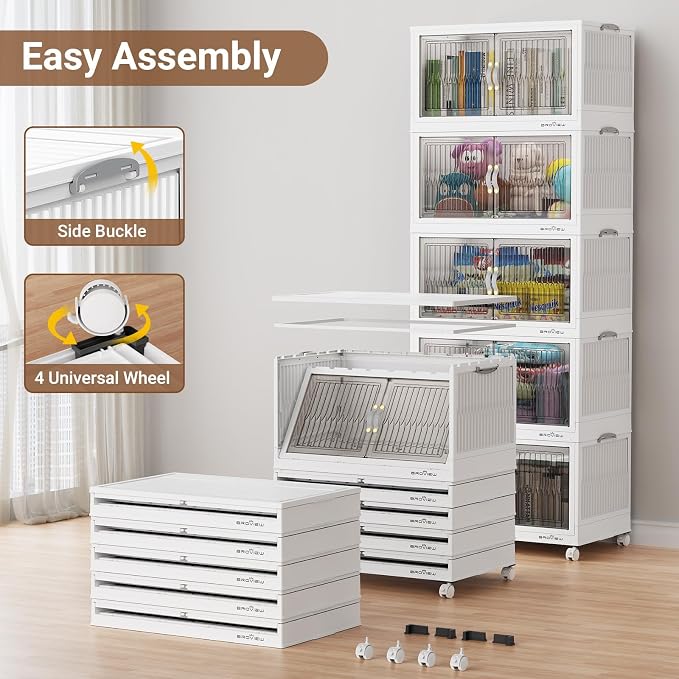 BROVIEW 480 Qt Stackable Storage Bins with Lid, Plastic Closet Organizers and Storage Drawer, Collapsible Storage Box with Wheels, Folding Storage Cabinet for Closet Clothes Organization, 4Pack White