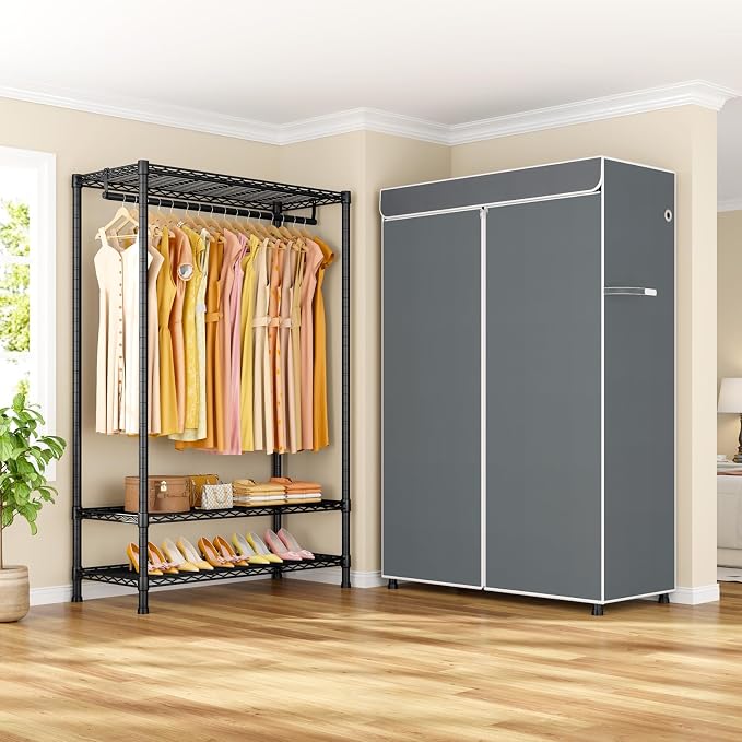 H5C Plus Clothes Rack with Cover, Covered Clothing Rack Heavy Duty | Garment Rack with Shelves, 3-Tier Portable Closets for Hanging Clothes, Max Load 370LBS, Black Closet Racks with Gray Cover