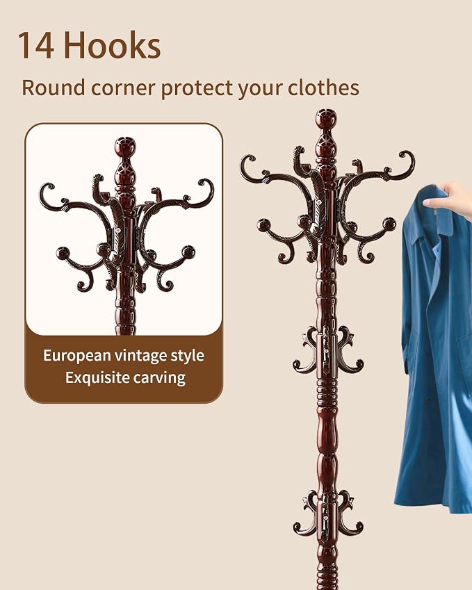 Wooden Coat Rack Stand, Solid Wood Freestanding Coat Rack, Vintage Coat Racks with 14 Hooks & Disc Base, Standing Coat Hanger Jacket Tree Stand for Office, Entryway, Hallway