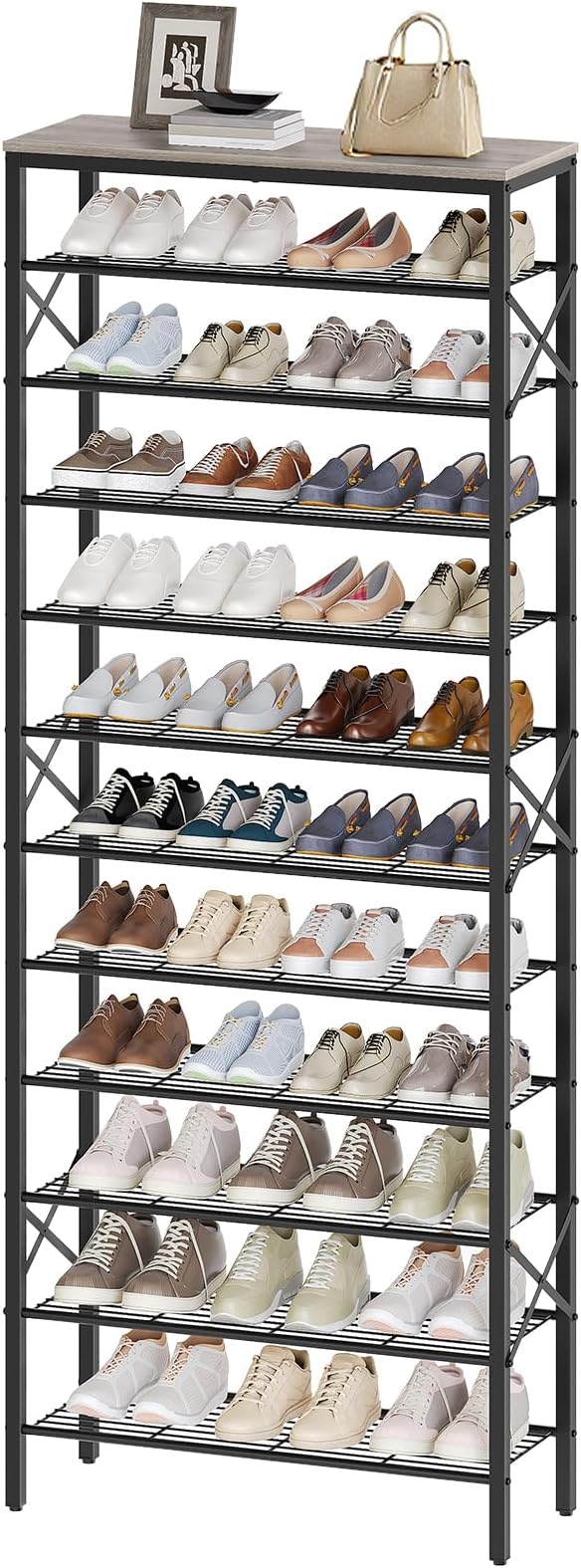 YATINEY 12 Tier Shoe Rack, Large Capacity Shoe Storage Organizer Holds 48 Pairs, Sturdy and Stable, for Entryway, Hallway, Closet, Dorm Room, Greige and Black SS12BG
