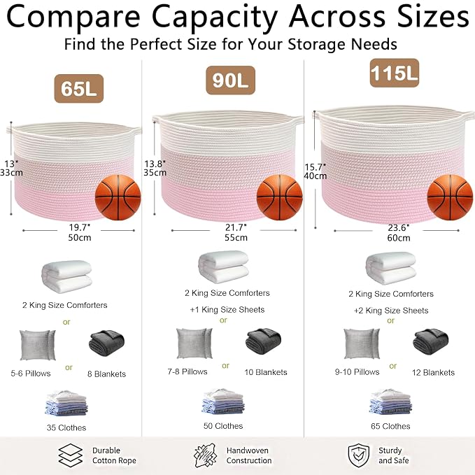 65L Large Blanket Basket,Woven Rope Laundry Basket-Mixed Pink | Collapsible, reinforced handles, nursery storage bin organizes clothes, toys and pillows for living room, bedroom bathroom