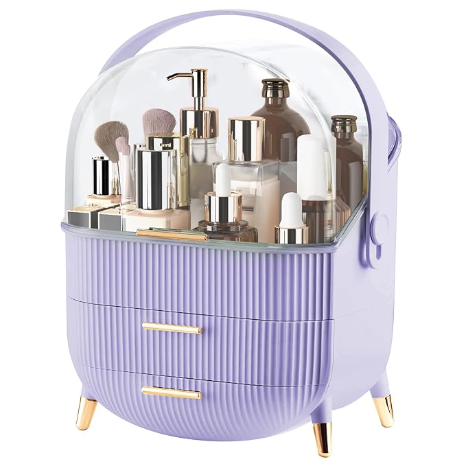 Makeup Organizer for Vanity, Make up Organizers and Storage, Cosmetics Skincare Organizers with Lid and Drawers, Cosmetic Display Cases for Countertop, Bathroom, Dresser, Ideal Gifts for Women(Purple)