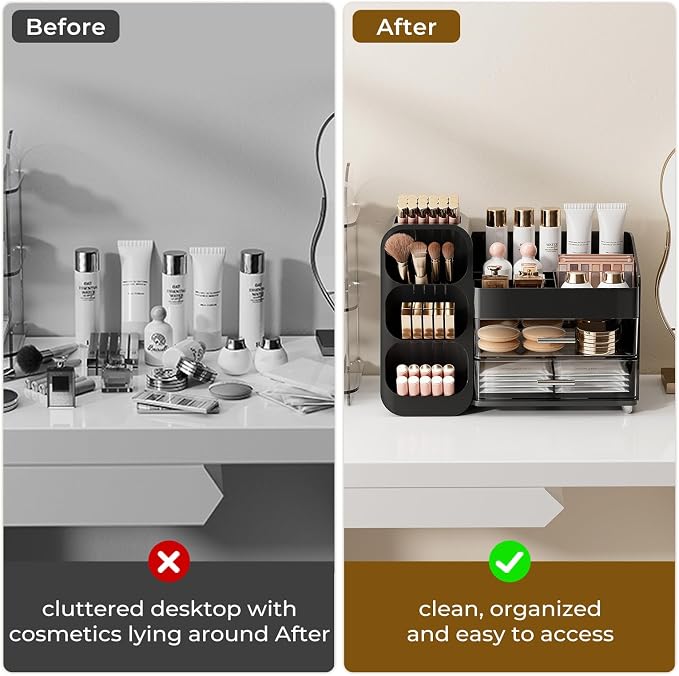 UFORU Makeup Organizer Countertop with Brush Holder for Vanity Bathroom | Large Capacity, Thickened Plastic, 2 Clear Drawers, Compact Size, Detachable Brush Holder, Divided Compartments, Easy Access