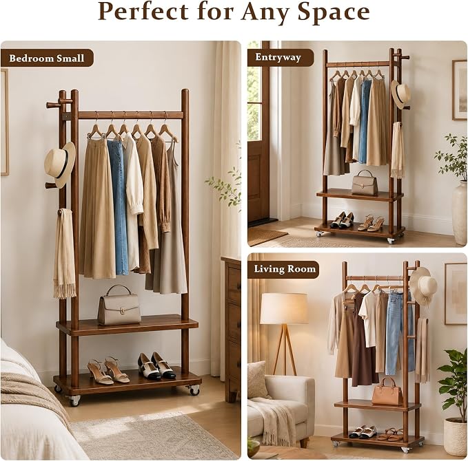 Taitiy Coat Rack Solid Wood Stand Storage 2 Shelves 4 Hooks Entryway | Hallway bedroom living room office, durable wood construction, freestanding design, coats hats bags storage