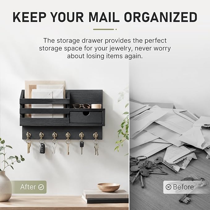 FifthQuarter Key and Mail Holder Wall Mount with Drawer and 6 Sturdy Hooks | Wooden Entryway Organizer and Decorative, Easy Installation