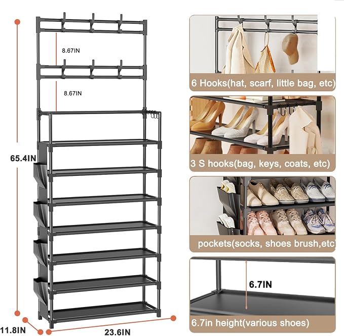 Shoe Rack 7 Tier Shoe Organizer Storage 21-28 Pairs | Closet Shoes Rack for Front Door Entrance Shoe Rack Organizer with Hooks Side Pocket Entryway Large Capacity Shoe Shelf Tower