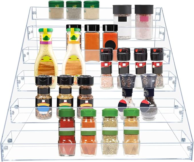 PMMASTO Tiered Spice Rack, Seasoning Organizer, Clear Acrylic Vertical Shelves Can Organizer for Countertop, Cabinet, Pantry, Kitchen Organization and Storage - 6 Tier