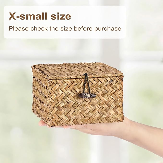 Hipiwe Wicker Shelf Basket Bin with Lid X-small Square Seagrass Storage Box | Handwoven Baskets Bin Boxes Multipurpose Household Organizer for Shelves Home Decor, Caramel Color