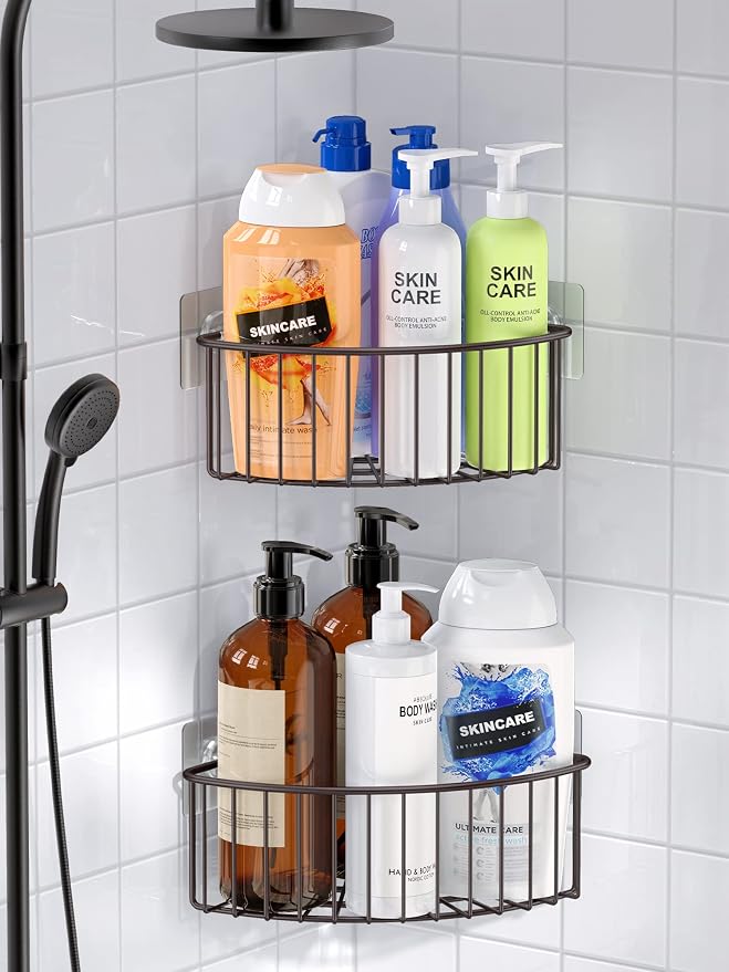 SMARTAKE 2-Pack Corner Shower Caddy Deep Basket, SUS304 Stainless Steel | Wall Mounted Bathroom Shelf with Adhesive, Storage Organizer for Toilet, Dorm and Kitchen, Bronze