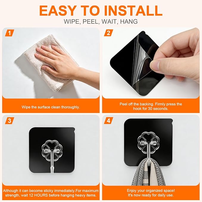 DDMY Black Heavy Duty Adhesive Hooks 2026 Upgraded 50lbs（Max） Sticky Wall Hooks for Hanging 12 Pack No Damage Hook Strong Waterproof Bathroom, Kitchen, Shower,Ceiling, Office and Outside Decor Hanger