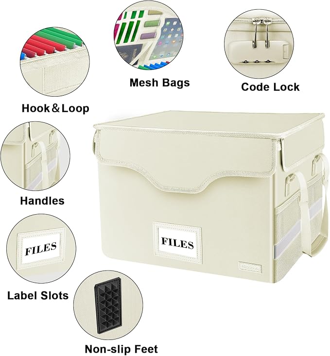 DocSafe Fireproof Document Box with Lock,File Storage Organizer with Zipper Pockets,Collapsible Portable File Box Home Office Safe Filing Cabinet with Handle for Hanging Letter/Legal Folders,Beige